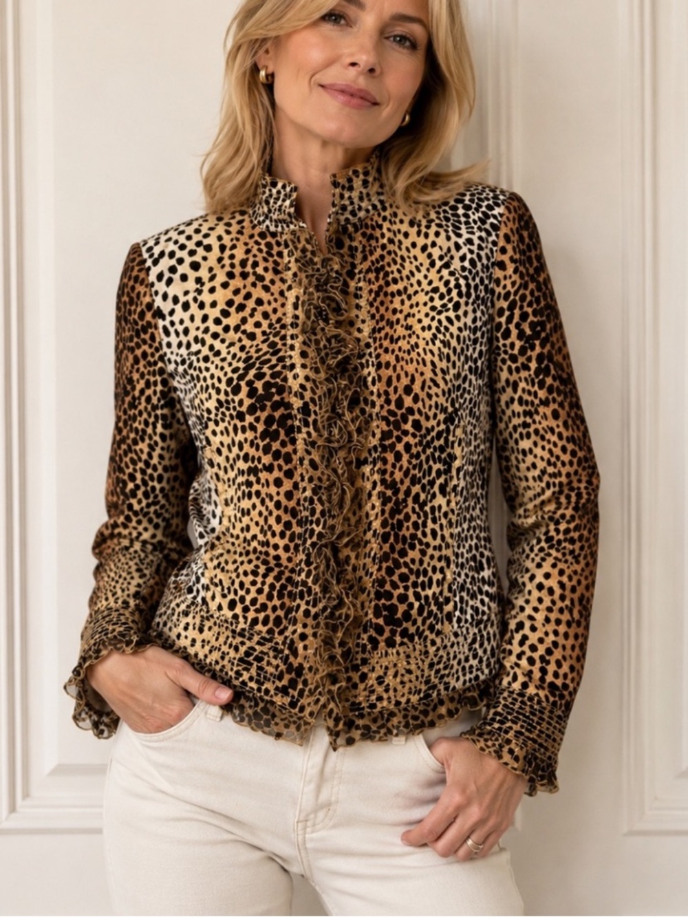 Vintage Carlisle Leopard Print Silk Blend Ruffle Trim Jacket Blazer Size 8